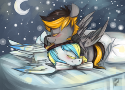 Size: 1238x890 | Tagged: safe, artist:tamyarts, oc, oc only, oc:cirrus sky, oc:digital import, hippogriff, original species, beanie, bed, blushing, book, colored eyelashes, hat, moon, night, shipping, snuggling, stars, talons