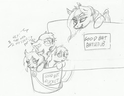 Size: 1229x954 | Tagged: safe, artist:slouping, oc, oc only, oc:dusk rhine, oc:frostfire, oc:ipomoea, oc:nolegs, bat pony, pony, bat bucket, bathtub, bucket, dialogue, good bat bucket, monochrome, pencil drawing, traditional art