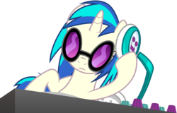 Size: 4914x3149 | Tagged: safe, artist:cloudy glow, dj pon-3, vinyl scratch, pony, unicorn, g4, slice of life (episode), female, headphones, high res, hooves, horn, mare, mixing console, simple background, solo, sunglasses, transparent background, turntable, vector