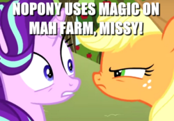 Size: 622x432 | Tagged: safe, edit, edited screencap, screencap, applejack, starlight glimmer, g4, no second prances, angry, frown, glare, grumpy, image macro, imminent pain, meme, scared, this will end in pain, unamused