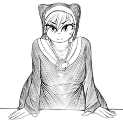 Size: 674x652 | Tagged: safe, artist:replica, oc, oc only, oc:reppy, anthro, anthro oc, clothes, cultist, grayscale, jewelry, looking at you, monochrome, necklace, nun, sexy, smiling, solo