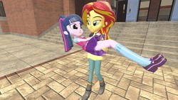 Size: 1360x768 | Tagged: safe, artist:mk513, sci-twi, sunset shimmer, twilight sparkle, equestria girls, g4, 3d, bedroom eyes, carrying, clothes, courtyard, female, gmod, leather jacket, lesbian, lying down, on back, pants, school, ship:sci-twishimmer, ship:sunsetsparkle, shipping, skirt