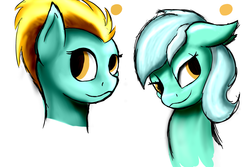 Size: 3000x2000 | Tagged: safe, artist:sneopony, lightning dust, lyra heartstrings, pony, g4, bust, duo, duo female, female, high res, lidded eyes, portrait, simple background, smiling, smirk, white background