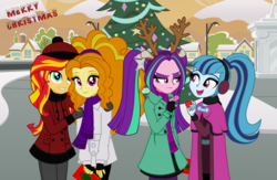 Size: 5778x3778 | Tagged: safe, artist:skycatcherequestria, adagio dazzle, aria blaze, sonata dusk, sunset shimmer, equestria girls, g4, rainbow rocks, absurd resolution, adoragio, antlers, beanie, canterlot high, christmas, christmas tree, clothes, courtyard, cute, dazzlebetes, female, fingerless gloves, frown, glare, gloves, grin, hat, headphones, holiday, lesbian, looking at you, merry christmas, open mouth, pants, red nose, reindeer antlers, scarf, shimmerbetes, ship:arisona, ship:sunsagio, shipping, smiling, snow, the dazzlings, tree, unamused, winter outfit