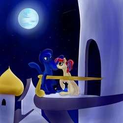 Size: 1280x1280 | Tagged: safe, artist:sneopony, moondancer, princess luna, pony, g4, balcony, duo, moon, night, night sky, open mouth, raised hoof