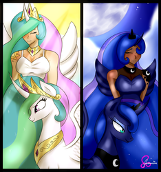 Size: 1546x1650 | Tagged: safe, artist:jasmine-lotus, princess celestia, princess luna, human, g4, horn, horned humanization, human ponidox, humanized, moon, self ponidox, smiling, sun