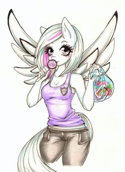 Size: 1024x1410 | Tagged: safe, artist:bunnywhiskerz, oc, oc only, oc:magnolia lulamoon, anthro, anthro oc, candy, clothes, food, lollipop, solo, spread wings, tank top, watermark