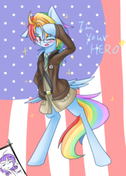 Size: 1000x1400 | Tagged: safe, artist:azurepicker, rainbow dash, rarity, semi-anthro, g4, ameridash, clothes, glasses, hetalia, jacket, solo focus, united states