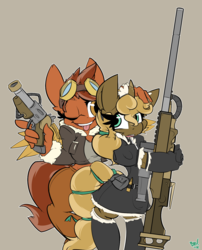 Size: 1245x1542 | Tagged: safe, artist:bbsartboutique, oc, oc only, oc:cirrus mist, oc:lead lace, earth pony, unicorn, anthro, unguligrade anthro, clockwork, clothes, crossdressing, female, femboy, girly, gun, handgun, hooves, horn, maid, male, mare, open mouth, optical sight, pistol, ribbon, rifle, simple background, sniper, sniper rifle, steampunk, teeth, tomboy, tongue out, weapon