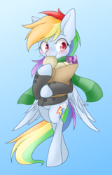 Size: 1728x2700 | Tagged: safe, artist:azurepicker, rainbow dash, semi-anthro, g4, clothes, female, food, gradient background, jacket, scarf, solo