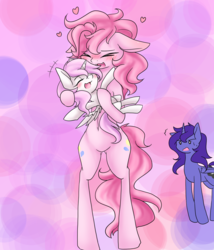 Size: 1200x1400 | Tagged: safe, artist:azurepicker, pinkie pie, princess celestia, princess luna, pony, semi-anthro, g4, age regression, belly button, bipedal, blushing, cewestia, cute, eyes closed, fangs, filly, floppy ears, hair over one eye, happy, heart, holding a pony, hug, open mouth, pink-mane celestia, smiling, sweat, wide eyes, worried, younger