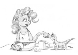 Size: 1400x985 | Tagged: safe, artist:baron engel, gummy, pinkie pie, earth pony, pony, g4, apron, batter, cake batter, clothes, cute, duo, egg, female, grayscale, looking at each other, mare, measuring cup, monochrome, pencil drawing, simple background, sketch, traditional art, white background