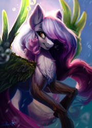 Size: 1024x1434 | Tagged: safe, artist:lulemt, oc, oc only, original species, pegasus, plant pony, pony, bubble, chest fluff, commission, solo, underwater