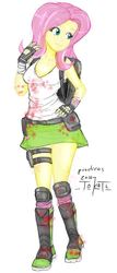 Size: 374x873 | Tagged: safe, artist:tokatl, fluttershy, zombie, equestria girls, g4, alternate universe, backpack, boots, clothes, female, looking away, miniskirt, simple background, skirt, socks, solo, white background, zombie apocalypse