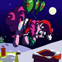 Size: 950x950 | Tagged: safe, artist:frecklesfanatic, pinkie pie, earth pony, pony, g4, balloon, chimney, christmas, clothes, costume, female, floating, grin, hat, mare, present, santa costume, santa hat, smiling, snow, solo, then watch her balloons lift her up to the sky