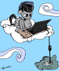 Size: 2000x2390 | Tagged: safe, artist:chopsticks, oc, oc only, oc:chopsticks, pegasus, pony, cloud, computer, computer mouse, cutie mark, electricity, hat, high res, laptop computer, outlet, plug, ponysona, sky, solo, stormcloud, technology, wing hands