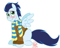 Size: 997x802 | Tagged: safe, artist:hufflepuffrave, soarin', pony, g4, blushing, clothes, cute, jacket, male, scarf, simple background, sitting, soarinbetes, solo, transparent background