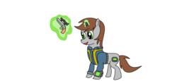 Size: 1594x736 | Tagged: safe, artist:amateur-draw, oc, oc only, oc:littlepip, pony, unicorn, fallout equestria, 1000 hours in ms paint, bad anatomy, clothes, fallout, fanfic, fanfic art, female, glowing horn, gun, handgun, horn, jumpsuit, little macintosh, magic, mare, ms paint, pipbuck, revolver, simple background, solo, telekinesis, vault suit, weapon, white background
