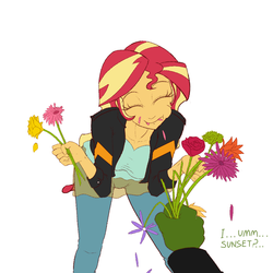 Size: 1000x1000 | Tagged: safe, artist:janji009, sunset shimmer, oc, oc:anon, human, equestria girls, g4, clothes, cute, dialogue, duo, eating, eyes closed, female, flower, homesick shimmer, horses doing horse things, humans doing horse things, jacket, pants, shimmerbetes, simple background, sunset wants her old digestive system back, white background