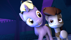 Size: 3840x2160 | Tagged: safe, artist:viranimation, dinky hooves, pipsqueak, pony, unicorn, g4, 3d, colt, cute, female, filly, foal, high res, male, night, pointing, raised hoof, ship:dinkysqueak, shipping, source filmmaker, straight, walk