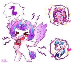 Size: 1400x1200 | Tagged: safe, artist:camilla_, artist:neko shiro some, princess cadance, princess flurry heart, shining armor, alicorn, pony, unicorn, g4, bipedal, bleeding ears, blood, blush sticker, blushing, cute, ears, flurrybetes, microphone, simple background, singing, trio, white background