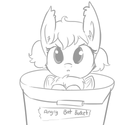 Size: 1045x1045 | Tagged: safe, artist:tjpones, oc, oc only, bat pony, pony, angry, angry bat bucket, bat bucket, bucket, chest fluff, cute, cute little fangs, fangs, fluffy, frown, glare, looking at you, monochrome, ocbetes, simple background, sketch, solo, white background