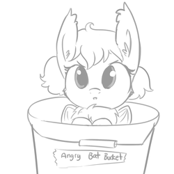 Size: 1045x1045 | Tagged: safe, artist:tjpones, oc, oc only, bat pony, pony, angry, angry bat bucket, bat bucket, bucket, chest fluff, cute, cute little fangs, ear fluff, fangs, fluffy, frown, glare, looking at you, madorable, monochrome, ocbetes, simple background, sketch, solo, white background