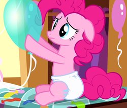 Size: 844x720 | Tagged: safe, artist:1ioaf5m8y9, edit, edited screencap, screencap, pinkie pie, g4, balloon, diaper, diaper edit, female, non-baby in diaper, solo