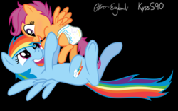 Size: 717x449 | Tagged: safe, artist:oliver-england, rainbow dash, scootaloo, pegasus, pony, g4, cute, diaper, diaper fetish, female, filly, foal, holding, holding a pony, mare, non-baby in diaper, on back, scootalove, simple background, smiling, underhoof