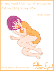 Size: 700x925 | Tagged: safe, artist:oliver-england, scootaloo, human, g4, barefoot, curled up, cute, diaper, escapism, feet, female, humanized, non-baby in diaper, onesie, pacifier, quote, sleeping, solo, text