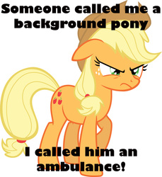 Size: 938x1024 | Tagged: safe, applejack, g4, ambulance, background pony, background pony applejack, female, frown, joke, meme, solo, text