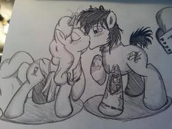 Size: 600x450 | Tagged: safe, artist:lucas_gaxiola, taralicious, oc, blushing, kissing, male, meta, monochrome, pete wentz, photo, ponified, shipping, sparks, straight, tara strong, tattoo, traditional art, twitter