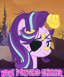 Size: 1046x1255 | Tagged: safe, starlight glimmer, g4, abuse, changeling kingdom, cupcake, cupcakeglimmer, expand dong, exploitable meme, eyepatch, female, food, frosting, glimmerbuse, horn, horn guard, horn impalement, meme, messy mane, metal gear, metal gear solid, metal gear solid 5, punished snake, sad, sadlight glimmer, solo, wow! glimmer