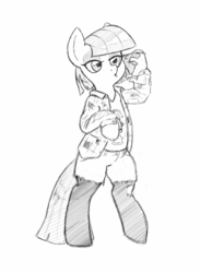 Size: 1177x1604 | Tagged: safe, artist:trickydick, maud pie, earth pony, pony, g4, bipedal, clothes, female, flannel, monochrome, shorts, simple background, solo, stockings, torn clothes, white background