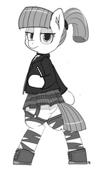 Size: 1108x1920 | Tagged: safe, artist:pabbley, maud pie, earth pony, pony, g4, bipedal, boots, butt, clothes, female, garter belt, garters, jacket, leather jacket, looking at you, monochrome, plaid, pleated skirt, plot, ponytail, punk, simple background, skirt, skirt lift, solo, stockings, white background