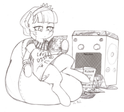 Size: 1280x1155 | Tagged: safe, artist:i am nude, coco pommel, earth pony, pony, g4, beanbag chair, death grips, female, grayscale, hipster, lidded eyes, monochrome, neutral milk hotel, record, simple background, sitting, solo, white background