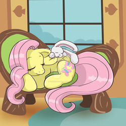 Size: 1024x1024 | Tagged: safe, artist:yoshimarsart, angel bunny, fluttershy, g4, couch, prone, sleeping, watermark