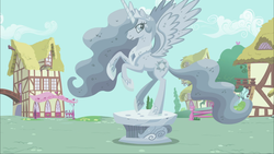 Size: 1920x1080 | Tagged: safe, screencap, princess celestia, pony, a friend in deed, g4, my little pony: friendship is magic, female, mare, ponyville, solo, statue