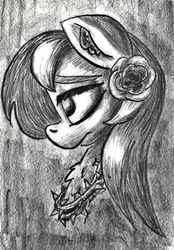 Size: 773x1113 | Tagged: safe, artist:shoeunit, roseluck, earth pony, pony, g4, female, mare, monochrome, solo, traditional art