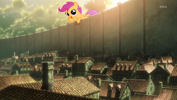 Size: 1280x720 | Tagged: safe, edit, edited screencap, screencap, scootaloo, pony, g4, attack on titan, cute, cutealoo, female, giant pony, giantess, macro, open mouth, shingeki no koyubi, smiling, snk, solo