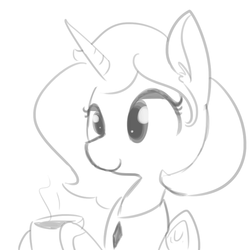 Size: 792x792 | Tagged: safe, artist:tjpones, princess celestia, g4, alternate hairstyle, cup, cute, cutelestia, drink, female, grayscale, hoof hold, monochrome, mug, short hair, simple background, sketch, smiling, solo, steam, white background