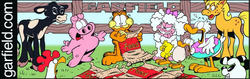 Size: 742x233 | Tagged: safe, artist:jim davis, applejack, cow, dog, horse, pony, g4, angry, booker, calf, cameo, chicken feed, cody the dog, eating, expy, feed, garfield, get, hilarious in hindsight, inner tube, lanolin sheep, male, orson pig, pony cameo, pony reference, roy rooster, sheldon, u.s. acres, us acres, wade duck, wide eyes