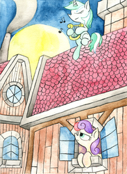 Size: 2550x3480 | Tagged: safe, artist:talonsofwater, bon bon, lyra heartstrings, sweetie drops, earth pony, pony, unicorn, g4, bon bon is not amused, eyes closed, full moon, harp, horn, lyre, moon, music notes, musical instrument, night, roof, rooftop, smoke, traditional art, unamused, watercolor painting, window