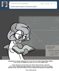 Size: 666x800 | Tagged: safe, artist:egophiliac, pinkie pie, princess luna, moonstuck, g4, book, chalkboard, clothes, female, filly, glasses, grayscale, lab coat, monochrome, science woona, solo, woona, younger