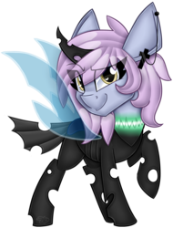 Size: 3033x4000 | Tagged: safe, artist:partypievt, oc, oc only, oc:windy spirit, changeling, changeling oc, ear piercing, earring, high res, jewelry, looking at you, piercing, raised hoof, simple background, smiling, smirk, solo, transformation, transparent background, transparent wings, wingding eyes