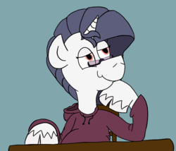 Size: 608x521 | Tagged: safe, artist:cowsrtasty, oc, oc only, oc:yodi, classical unicorn, cloven hooves, glasses, horn, leonine tail, male, pensive, sitting, solo, stallion, table, unshorn fetlocks