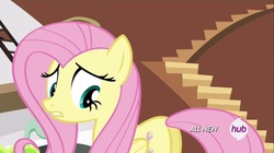 Size: 1100x618 | Tagged: safe, screencap, fluttershy, pegasus, pony, g4, it ain't easy being breezies, my little pony: friendship is magic, butt, female, flutterbutt, hub logo, mare, plot, solo