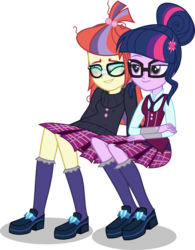 Size: 5000x6414 | Tagged: safe, artist:limedazzle, moondancer, sci-twi, twilight sparkle, equestria girls, g4, absurd resolution, blushing, clothes, cute, equestria girls-ified, female, lesbian, school uniform, scitwidancer, ship:twidancer, shipping, show accurate, simple background, sitting, smiling, transparent background
