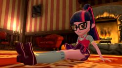 Size: 1920x1080 | Tagged: safe, artist:razethebeast, sci-twi, twilight sparkle, equestria girls, g4, 3d, bowtie, clothes, female, fireplace, glasses, looking at you, mary janes, ponytail, scenery, shoes, skirt, skirt lift, socks, solo, source filmmaker