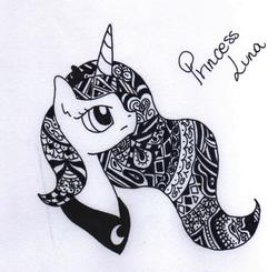 Size: 1410x1379 | Tagged: safe, artist:coffytacotuesday, princess luna, g4, bust, decorative hatching, female, monochrome, portrait, solo, traditional art